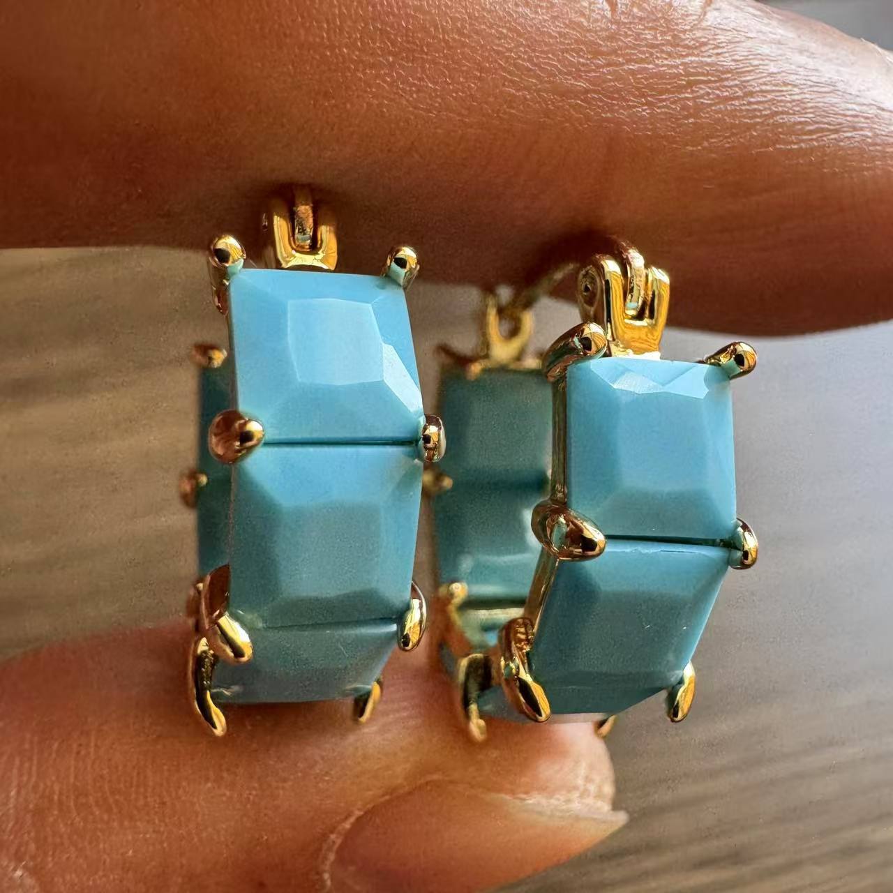 Turquoise Stone Ring - Модные классические бирюзовые клетчатые серьги для