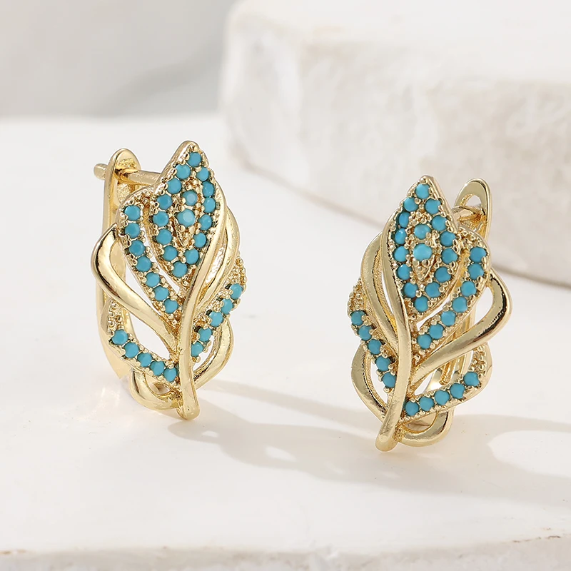 Turquoise Stone Ring - Креативные серьги-кольца в форме листа, позолоченные,